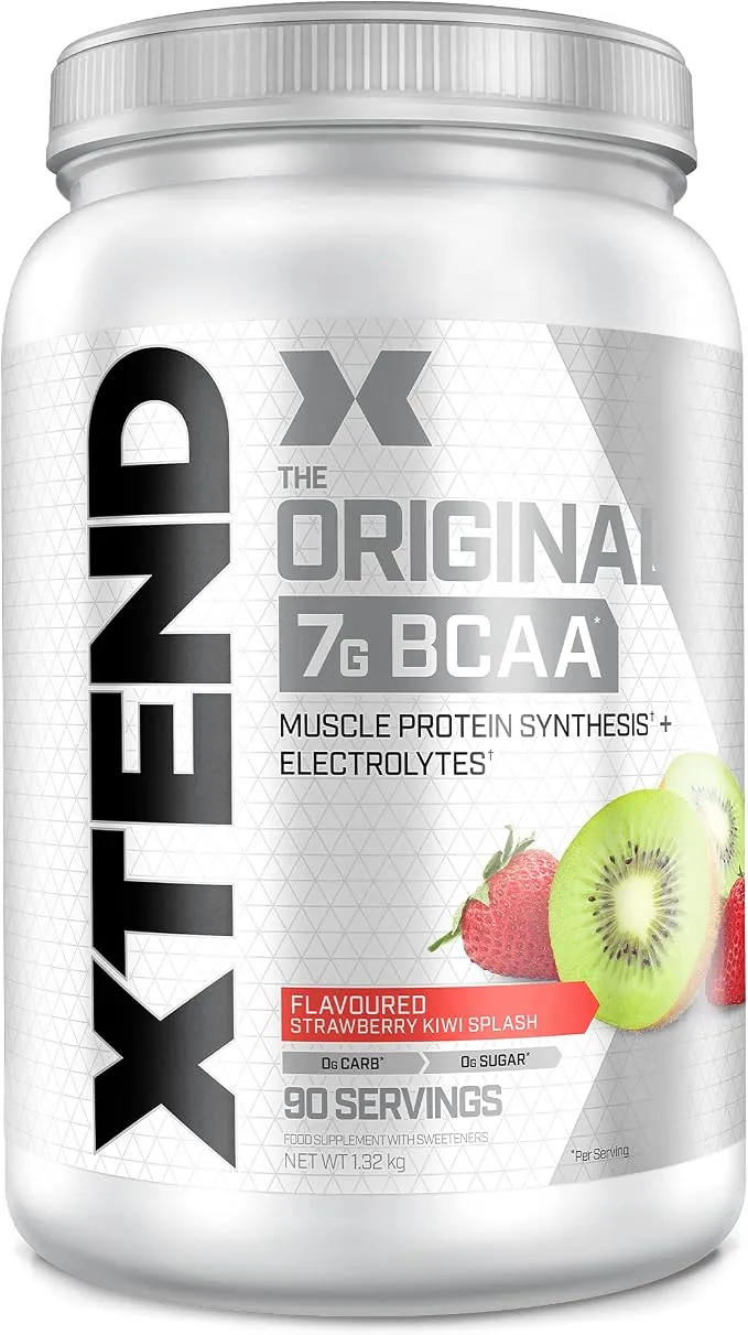 Pot blanc de poudre de BCAA Scivation XTEND Original saveur fraise-kiwi, affichant 7g de BCAA et 90 portions.