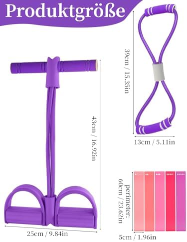 Schéma technique présentant les dimensions de l'élastique à pédale (43 cm de hauteur, 25 cm de largeur), de la bande en huit (39 cm de hauteur, 13 cm de largeur) et des bandes circulaires (60 cm de périmètre, 5 cm de largeur).