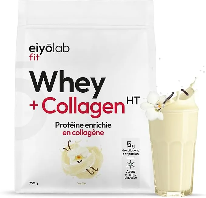 Sachet de protéines Eiyolab Whey + Collagène HT saveur vanille avec un verre de boisson protéinée.