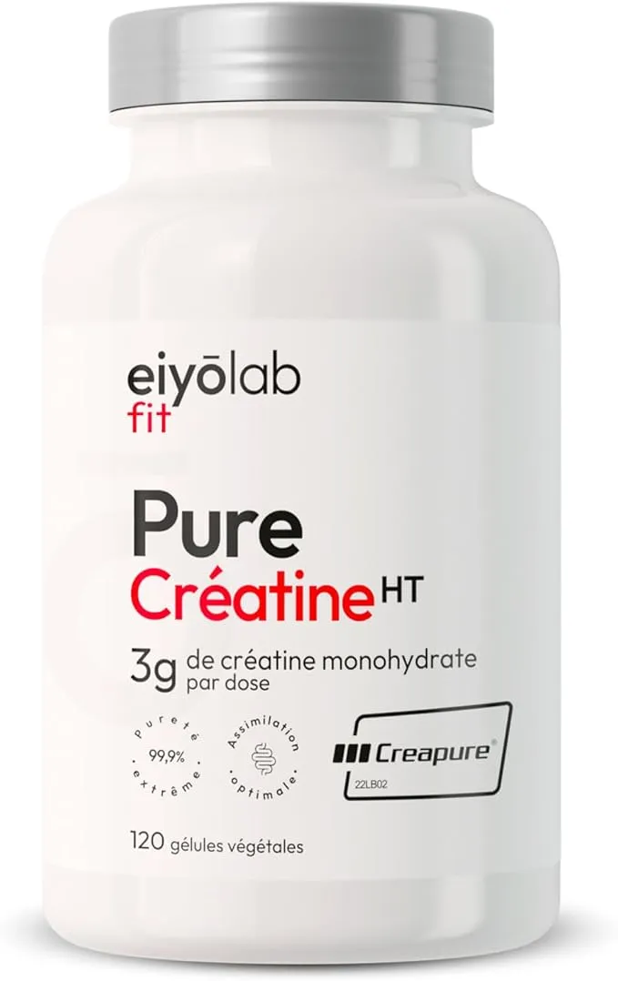 Flacon blanc de créatine Eiyolab Pure Créatine HT en gélules, avec l'étiquette affichant le logo Creapure, la mention '3g de créatine monohydrate par dose' et '120 gélules végétales'.