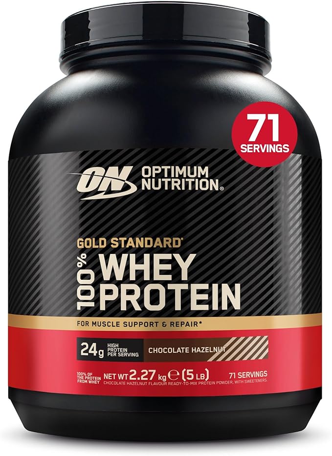 Pot noir et rouge d'Optimum Nutrition Gold Standard 100% Whey Protein saveur Chocolat Noisette, affichant 2,27 kg et 71 portions.