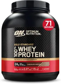 Pot noir et rouge d'Optimum Nutrition Gold Standard 100% Whey Protein saveur Chocolat Noisette, affichant 2,27 kg et 71 portions.