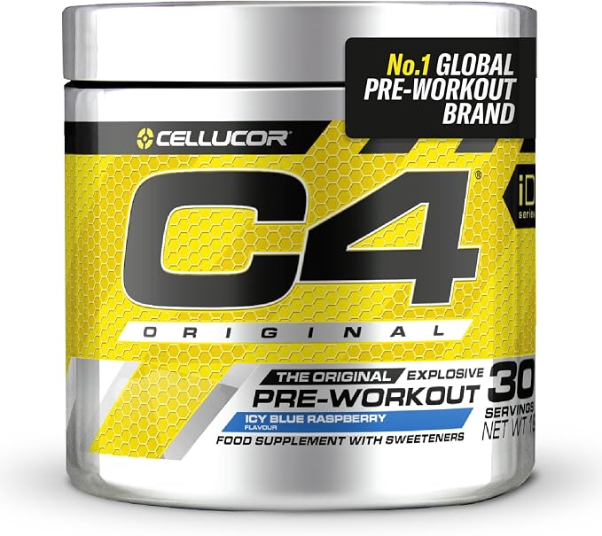 Pot de poudre pré-entraînement Cellucor C4 Original saveur framboise bleue glacée, avec l'étiquette affichant le nom du produit et la mention '30 servings'.
