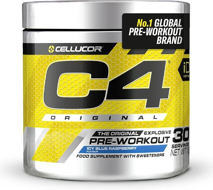Pot de poudre pré-entraînement Cellucor C4 Original saveur framboise bleue glacée, avec l'étiquette affichant le nom du produit et la mention '30 servings'.