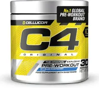 Pot de poudre pré-entraînement Cellucor C4 Original saveur framboise bleue glacée, avec l'étiquette affichant le nom du produit et la mention '30 servings'.