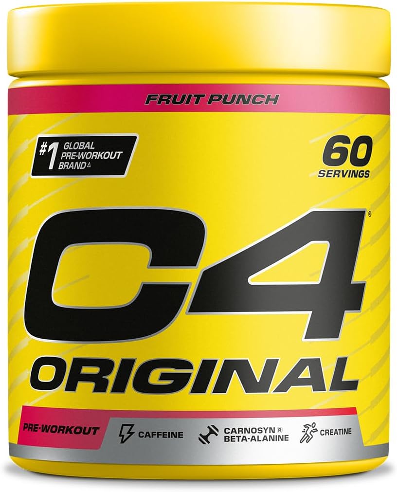 Pot de poudre pré-entraînement Cellucor C4 Original saveur Fruit Punch, avec l'étiquette indiquant '60 servings' et les icônes des ingrédients clés comme la caféine et la créatine.