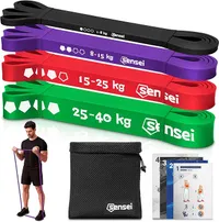 Quatre bandes élastiques de musculation de couleurs différentes (noir, violet, rouge, vert) avec leurs plages de résistance (1-8 kg, 8-15 kg, 15-25 kg, 25-40 kg) affichées. Un homme utilise l'élastique violet pour un exercice de biceps. Un sac de transport en maille noire et des fiches d'exercices sont également visibles.