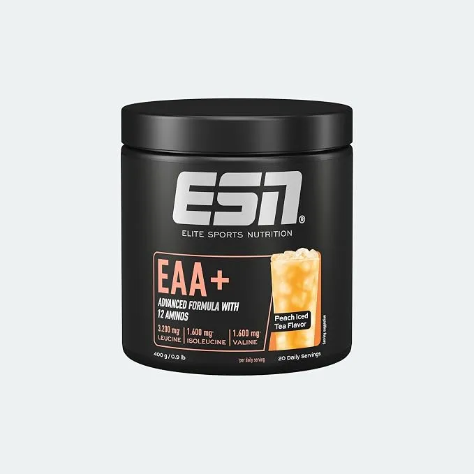 Pot noir de complément alimentaire ESN EAA+ saveur thé glacé à la pêche, affichant 400g et 20 portions.