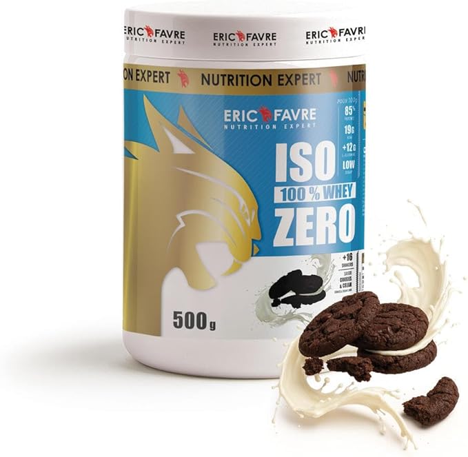 Pot de 500g de protéines Eric Favre ISO 100% Whey Zero saveur Cookies & Cream, avec des biscuits au chocolat et des éclaboussures de lait blanc.
