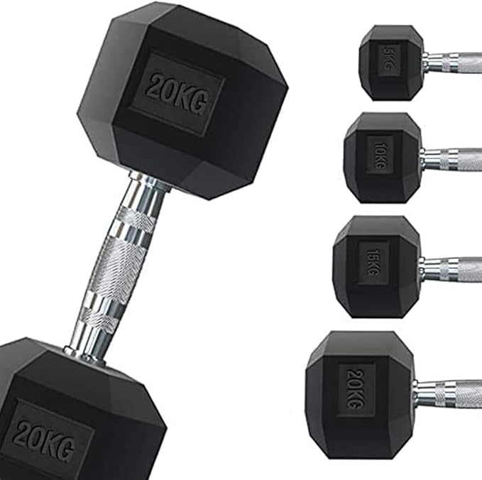 Vue d'ensemble de plusieurs haltères hexagonaux G5 HT Sport de différents poids, avec un haltère de 20 kg au premier plan et une série de 5 kg, 10 kg, 15 kg et 20 kg alignés sur la droite.