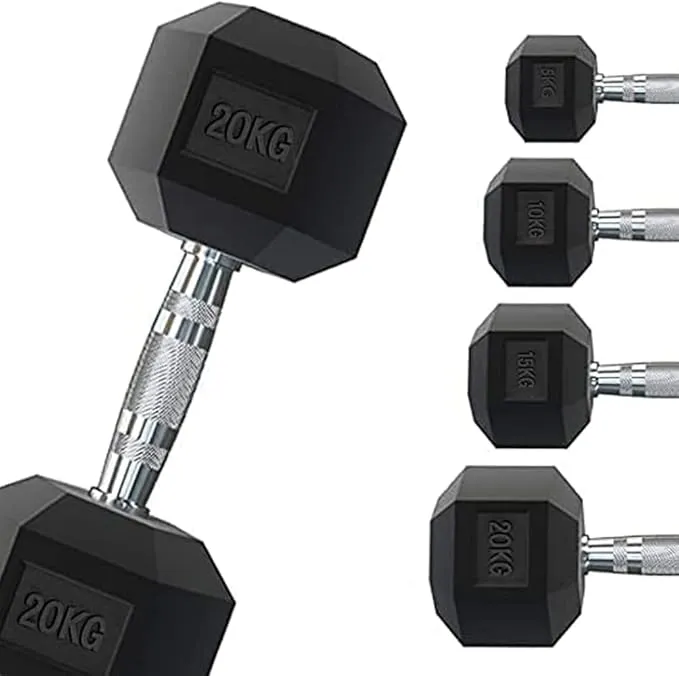Vue d'ensemble de plusieurs haltères hexagonaux G5 HT Sport de différents poids, avec un haltère de 20 kg au premier plan et une série de 5 kg, 10 kg, 15 kg et 20 kg alignés sur la droite.