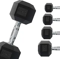 Vue d'ensemble de plusieurs haltères hexagonaux G5 HT Sport de différents poids, avec un haltère de 20 kg au premier plan et une série de 5 kg, 10 kg, 15 kg et 20 kg alignés sur la droite.