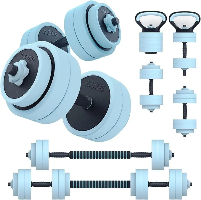 Vue d'ensemble des différentes configurations possibles du kit d'haltères modulables PASYOU 20 kg, incluant des haltères courts, des kettlebells et des barres longues, avec des disques de poids bleus et des poignées noires.