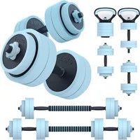 Vue d'ensemble des différentes configurations possibles du kit d'haltères modulables PASYOU 20 kg, incluant des haltères courts, des kettlebells et des barres longues, avec des disques de poids bleus et des poignées noires.