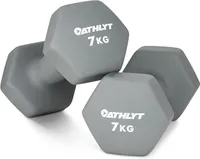 Deux haltères Athlyt gris de 7 kg, avec des extrémités hexagonales et un revêtement en néoprène, posés l'un sur l'autre sur un fond blanc.