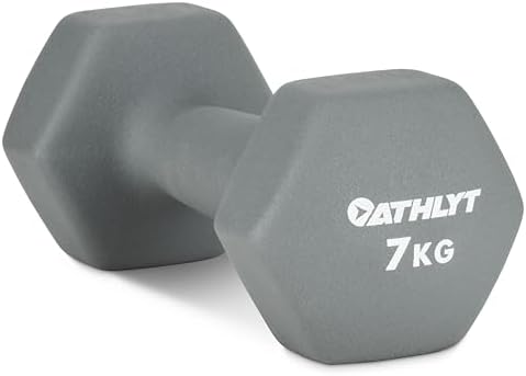 Un haltère Athlyt gris de 7 kg, avec une extrémité hexagonale et un revêtement en néoprène, posé sur un fond blanc.