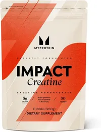 Sachet de créatine monohydrate Myprotein Impact de 250 grammes, avec un design blanc et orange et des informations sur le dosage et le nombre de portions.