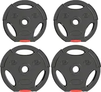Quatre disques de poids noirs SPORTNOW, deux de 5 kg et deux de 7,5 kg, chacun doté de trois poignées ergonomiques et d'un insert rouge, présentés sur un fond blanc.