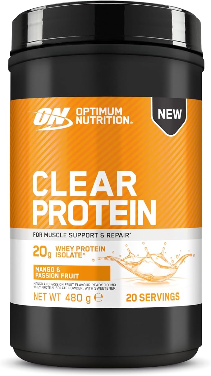 Pot de poudre de protéines Optimum Nutrition Clear Protein saveur mangue et fruit de la passion, affichant 20g de protéines par portion et un poids net de 480g.