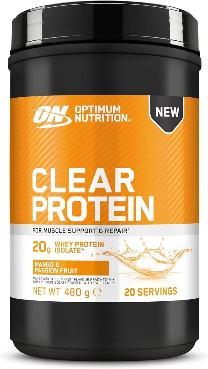 Pot de poudre de protéines Optimum Nutrition Clear Protein saveur mangue et fruit de la passion, affichant 20g de protéines par portion et un poids net de 480g.