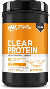 Pot de poudre de protéines Optimum Nutrition Clear Protein saveur mangue et fruit de la passion, affichant 20g de protéines par portion et un poids net de 480g.