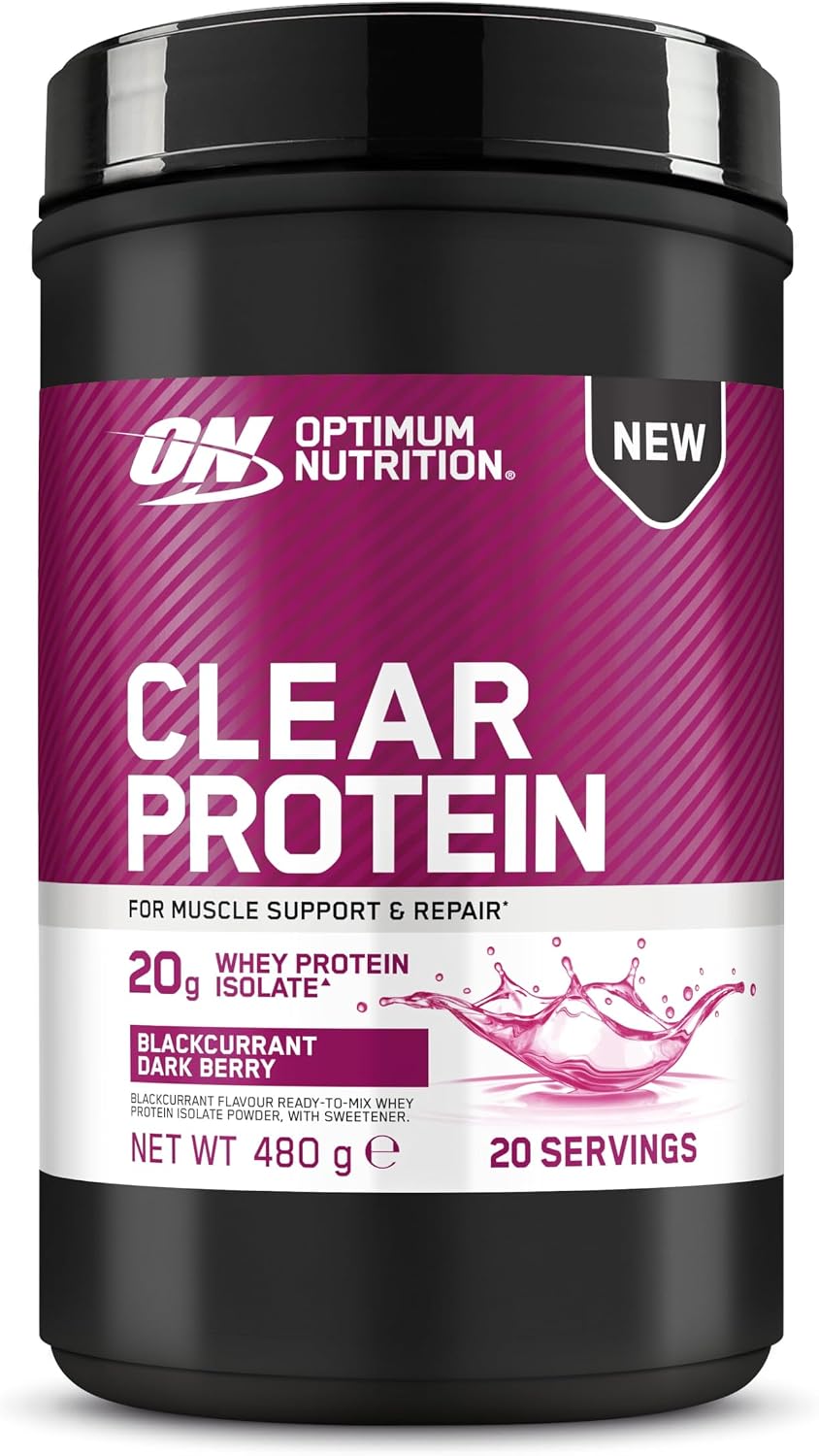 Pot de poudre de protéines Optimum Nutrition Clear Protein saveur cassis et baies noires, affichant 20g de protéines par portion et un poids net de 480g.