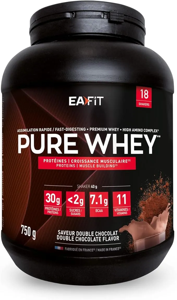 Pot noir de protéine en poudre Eafit Pure Whey saveur Double Chocolat de 750 g, avec l'étiquette affichant les informations nutritionnelles principales et la mention 'Fabriqué en France'.
