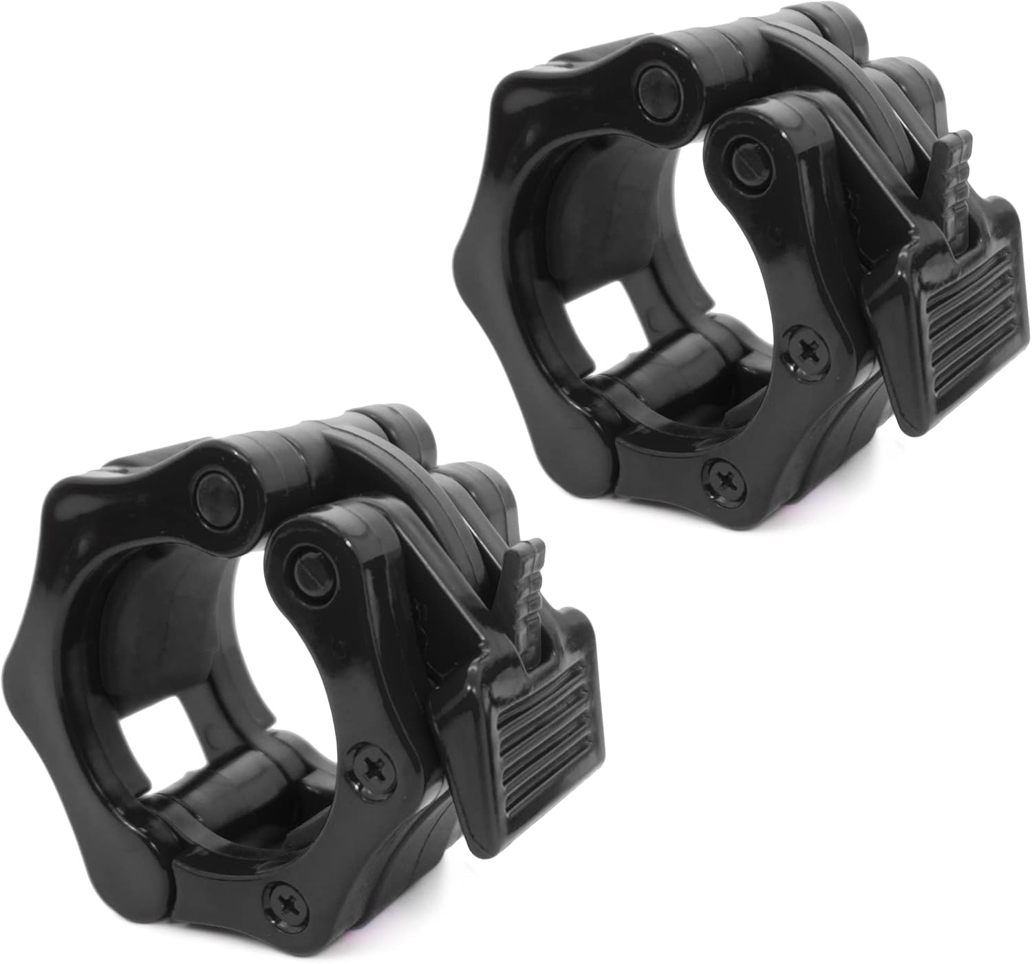 Deux colliers olympiques ProsourceFit noirs, vus sous un angle légèrement différent, posés sur un fond blanc.