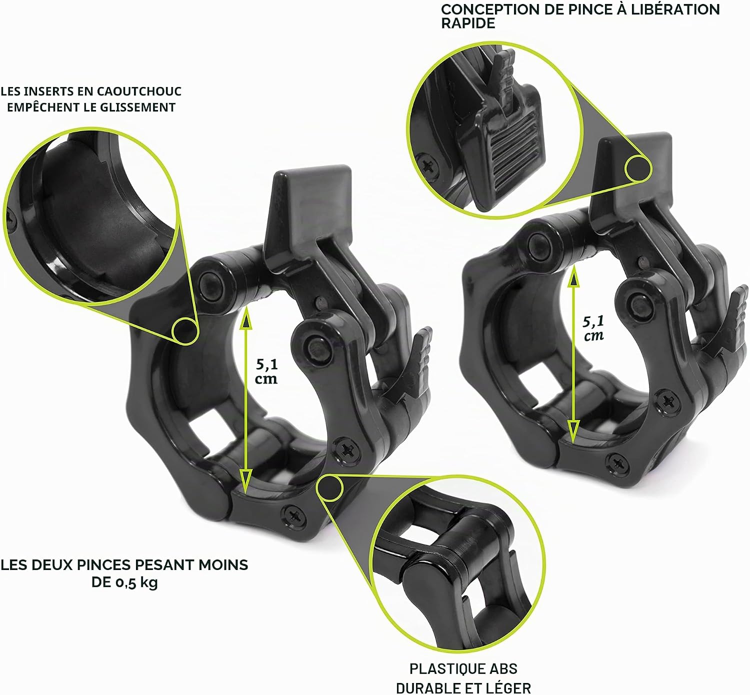 Deux colliers olympiques ProsourceFit noirs avec des annotations en français détaillant leurs caractéristiques : inserts en caoutchouc, diamètre de 5,1 cm, conception de pince à libération rapide, et fabrication en plastique ABS durable et léger.
