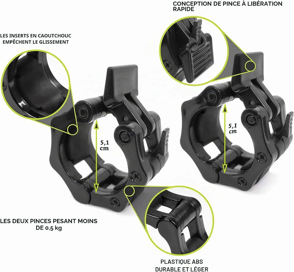 Deux colliers olympiques ProsourceFit noirs avec des annotations en français détaillant leurs caractéristiques : inserts en caoutchouc, diamètre de 5,1 cm, conception de pince à libération rapide, et fabrication en plastique ABS durable et léger.