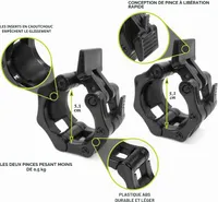 Deux colliers olympiques ProsourceFit noirs avec des annotations en français détaillant leurs caractéristiques : inserts en caoutchouc, diamètre de 5,1 cm, conception de pince à libération rapide, et fabrication en plastique ABS durable et léger.