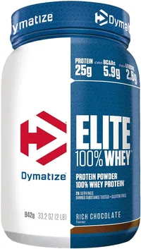 Pot de poudre de protéine Dymatize Elite 100% Whey saveur Rich Chocolate, affichant 25g de protéines, 5.9g de BCAA et 2.6g de Leucine par portion, ainsi que le poids de 942g.