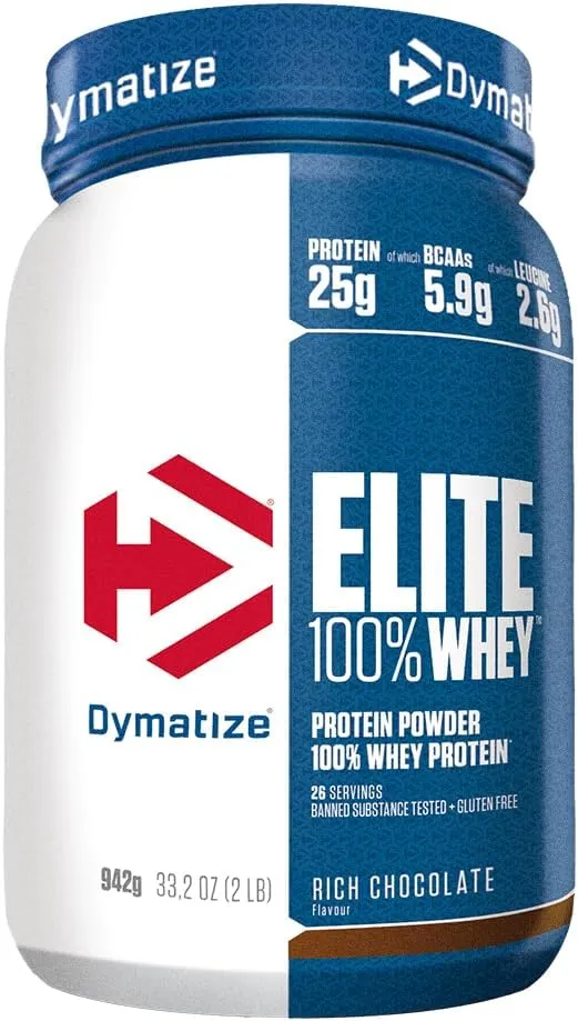 Pot de poudre de protéine Dymatize Elite 100% Whey saveur Rich Chocolate, affichant 25g de protéines, 5.9g de BCAA et 2.6g de Leucine par portion, ainsi que le poids de 942g.