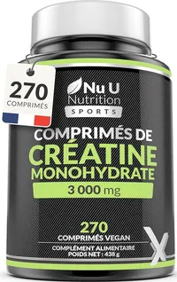 Bouteille de créatine monohydrate Xellerate Nutrition de 270 comprimés, avec une étiquette noire et verte affichant "3000 mg" et "270 COMPRIMÉS".