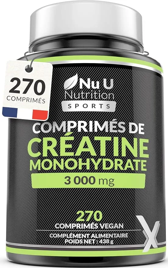 Bouteille de créatine monohydrate Xellerate Nutrition de 270 comprimés, avec une étiquette noire et verte affichant "3000 mg" et "270 COMPRIMÉS".