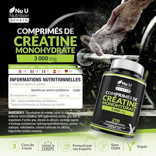 Image composite montrant la bouteille de créatine Xellerate Nutrition, un tableau d'informations nutritionnelles détaillant 3000 mg de créatine monohydrate par portion de 3 comprimés, la liste des ingrédients, et des icônes indiquant "Végan" et "Sans OGM". Une main tient un comprimé.
