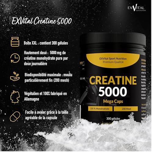 Infographie promotionnelle pour la créatine EXVital 5000, montrant le pot du produit et une liste de ses caractéristiques : 300 gélules, 5000 mg par dose, micronisation 200 mesh, végétalien, fabriqué en Allemagne, et facile à avaler.
