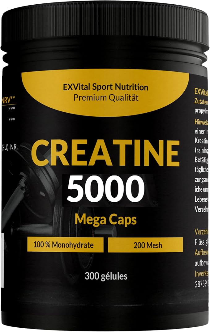 Pot noir de créatine EXVital 5000 Mega Caps avec une étiquette jaune affichant les mentions "100 % Monohydrate", "200 Mesh" et "300 gélules".