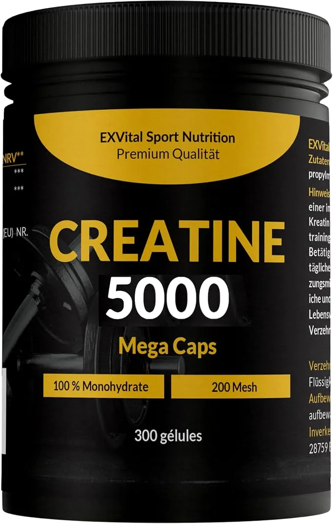 Pot noir de créatine EXVital 5000 Mega Caps avec une étiquette jaune affichant les mentions "100 % Monohydrate", "200 Mesh" et "300 gélules".