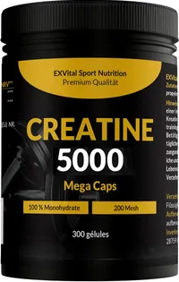Pot noir de créatine EXVital 5000 Mega Caps avec une étiquette jaune affichant les mentions "100 % Monohydrate", "200 Mesh" et "300 gélules".