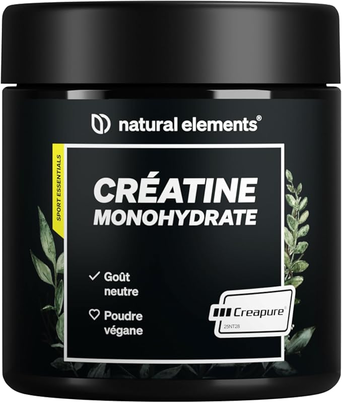Pot noir de créatine monohydrate de la marque Natural Elements, avec les mentions 'Goût neutre', 'Poudre végane' et le logo Creapure.