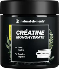 Pot noir de créatine monohydrate de la marque Natural Elements, avec les mentions 'Goût neutre', 'Poudre végane' et le logo Creapure.