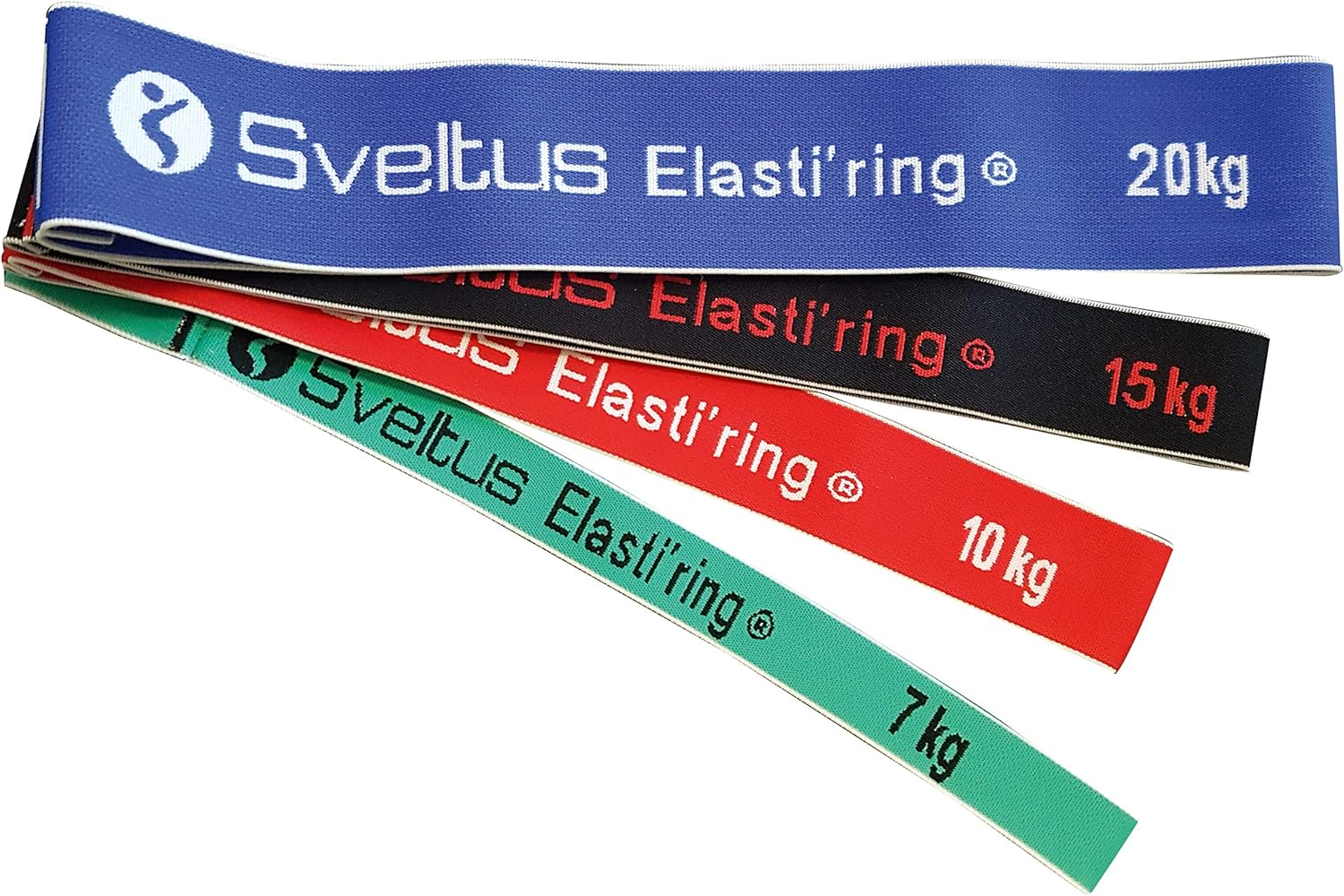 Les quatre élastiques de résistance Sveltus Elasti'ring (bleu, noir, rouge, vert) sont étalés, montrant la marque et les résistances de 20 kg, 15 kg, 10 kg et 7 kg.