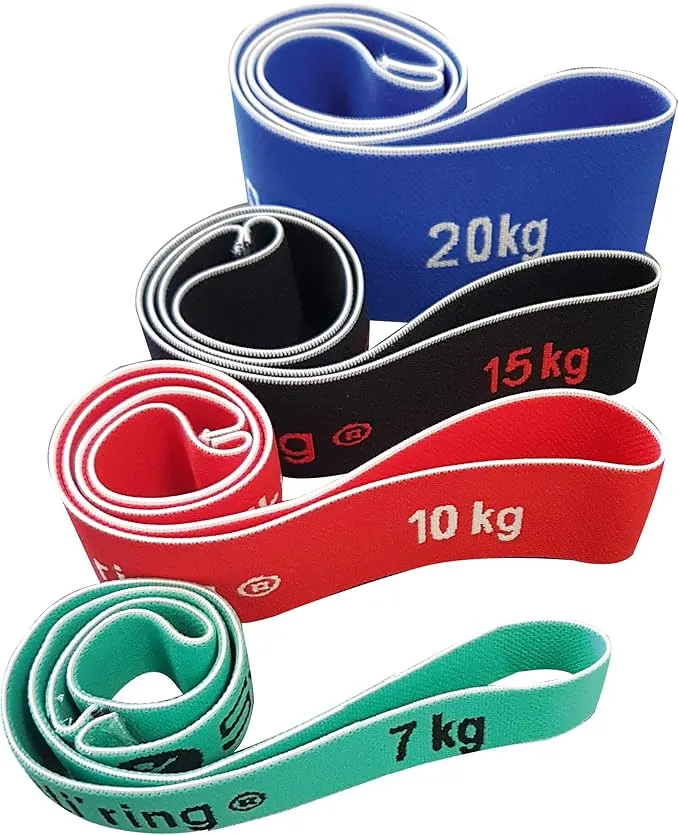 Quatre élastiques de résistance Sveltus Elasti'ring de couleurs différentes (bleu, noir, rouge, vert) enroulés, affichant leurs niveaux de résistance (20 kg, 15 kg, 10 kg, 7 kg).