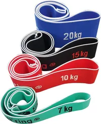 Quatre élastiques de résistance Sveltus Elasti'ring de couleurs différentes (bleu, noir, rouge, vert) enroulés, affichant leurs niveaux de résistance (20 kg, 15 kg, 10 kg, 7 kg).