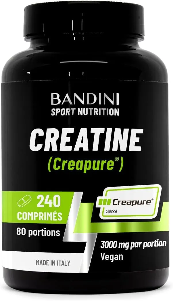 Flacon noir de créatine Bandini Creapure en comprimés, avec l'étiquette verte et blanche affichant 'CREATINE (Creapure®)', '240 COMPRIMÉS', '80 portions', '3000 mg par portion' et 'Vegan'.