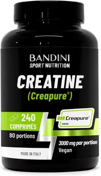 Flacon noir de créatine Bandini Creapure en comprimés, avec l'étiquette verte et blanche affichant 'CREATINE (Creapure®)', '240 COMPRIMÉS', '80 portions', '3000 mg par portion' et 'Vegan'.