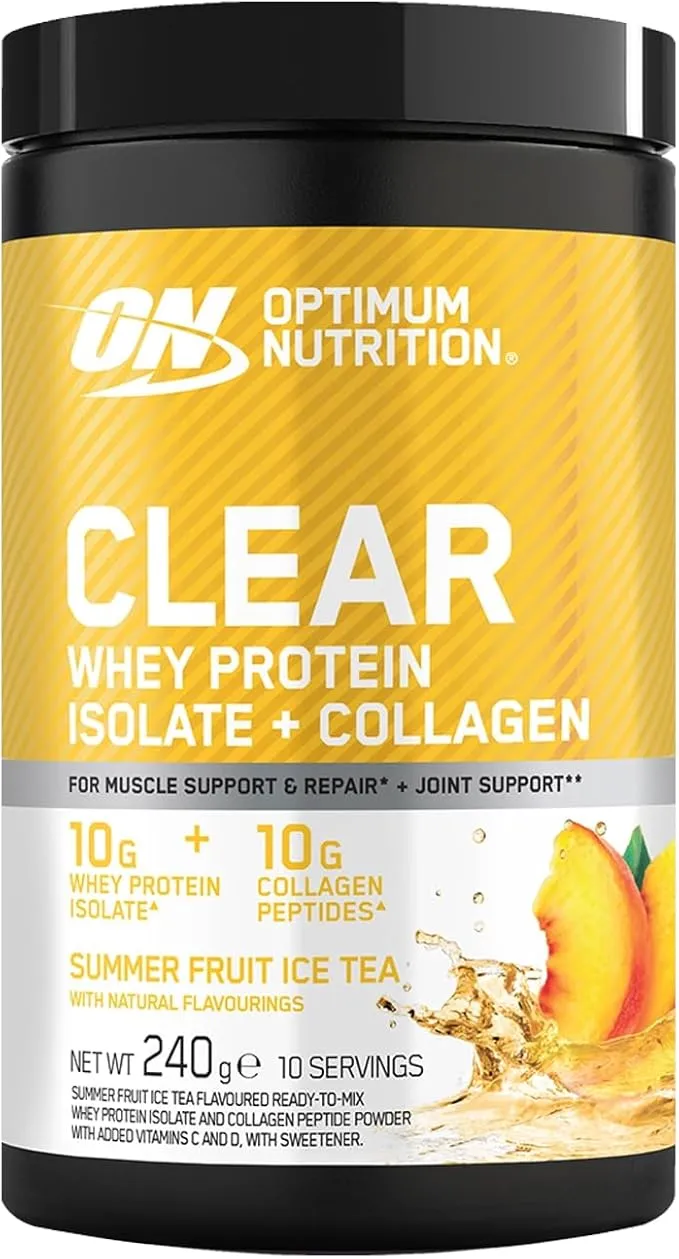 Un pot noir et jaune du produit Optimum Nutrition Clear Whey + Collagène, saveur thé glacé aux fruits d'été. L'étiquette met en avant 10g d'isolat de whey et 10g de peptides de collagène par portion, ainsi que le poids net de 240g pour 10 portions.