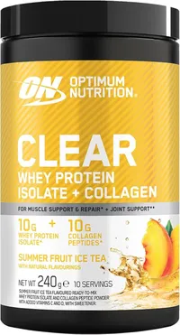 Un pot noir et jaune du produit Optimum Nutrition Clear Whey + Collagène, saveur thé glacé aux fruits d'été. L'étiquette met en avant 10g d'isolat de whey et 10g de peptides de collagène par portion, ainsi que le poids net de 240g pour 10 portions.