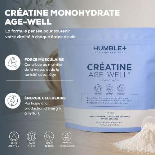 Image promotionnelle de la créatine monohydrate HUMBLE+ Age-Well, montrant le sachet du produit et des encadrés textuels décrivant ses bénéfices comme la force musculaire et l'énergie cellulaire, ainsi que ses caractéristiques : sans additifs, sans sucre, goût neutre et testé en laboratoire. Une petite quantité de poudre blanche est visible en bas à droite.